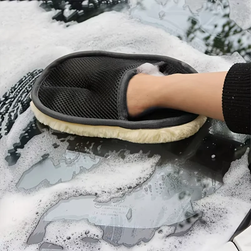 Microfiber Wool Car Wash Mitt, Lint-Free Scratch-Free Glove for Auto Detailing, Cleaning & Waxing, Thick Absorbent Car Care Tool