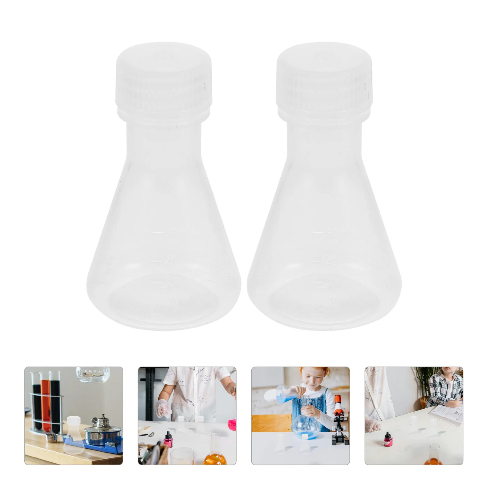 

5pcs Conical Flasks Plastic Lab Erlenmeyer Flask With Stopper Transparent Chemistry Experiment Flask For Science Biology Medical