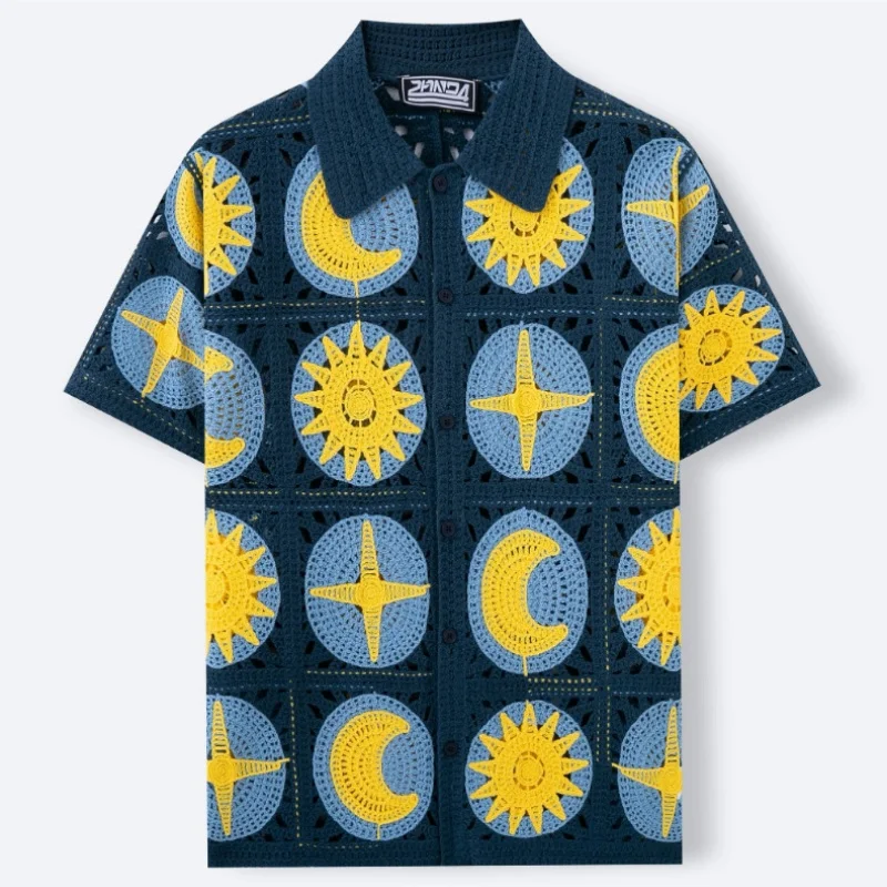Men's Crochet Sun Moon Star Print Shirt Short Sleeve Hollow Out Button Up Casual Beach Blouse Summer Streetwear Knit Top