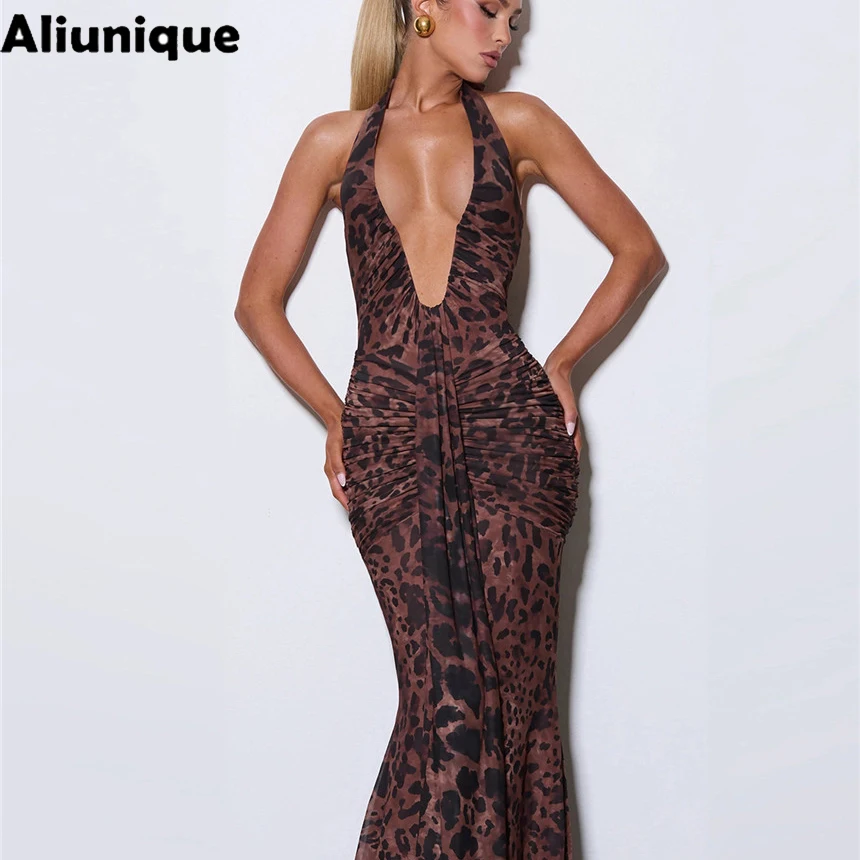 Women's Sexy Leopard Deep V Backless Bodycon Party Dress With Sash Pleated Fish Tail Long Skirt Crossbody Elegant Evening Wear