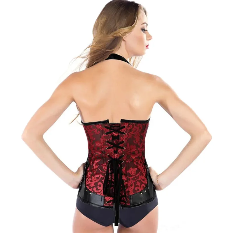 Women Jacquard Sexy Corset with Halter Lace Up Overbust Steampunk Faux Leather Steel Boned Bustier Top Gothic Clothing