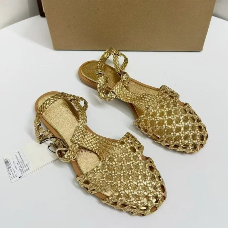 Women's Crochet Design Flat Sandals Square Toe Hollow Out Woven T-Strap Sandals Buckle Ankle Strap Casual Summer Mesh Shoes view 5