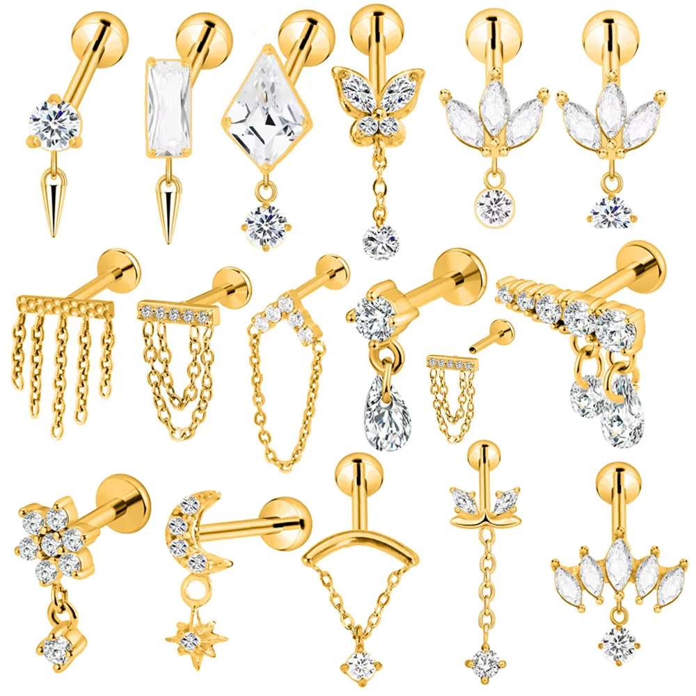 Kwiat Księżyc Kropla wody Motyl Łańcuch Daith Conch Tragus Kolczyk Prostokąt CZ Gwint wewnętrzny Labret Piercing Lip Ear Stud 16G