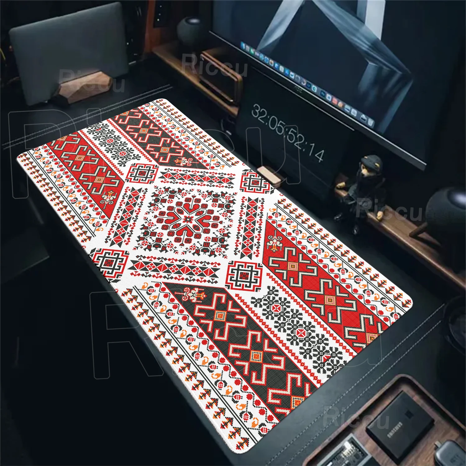 Rotes Boho-Mauspad mit geometrischem Design, stilvolle ethnische Kunst, großes Schreibtischunterlage, Computertastatur, Mauspad, XXL-Gaming-Pads, PC-Zubehör