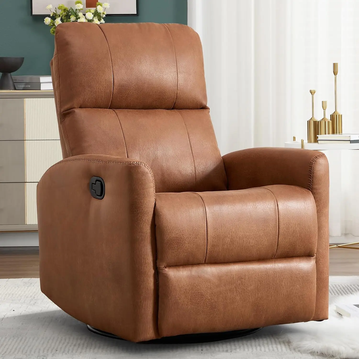 Manual Faux Leather Swivel Rocker Recliner, 360° Glider with Padded Backrest for Living Room & Nursery, Dark Brown, Customized