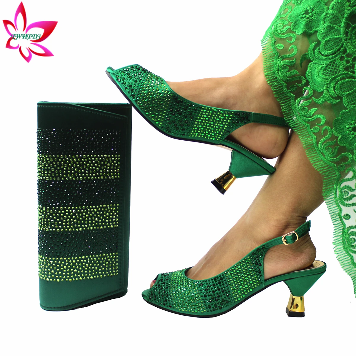 Mature Style New Design Italian Women Shoes and bag Set in Green Color Decorate with Rhinestone Pumps for Wedding Party