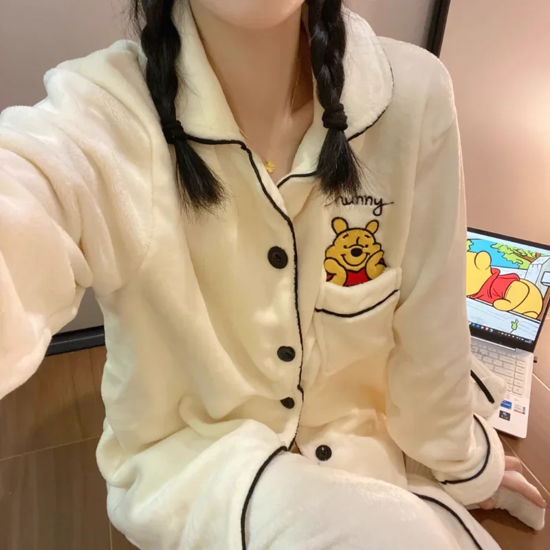 New Disney Winnie the Pooh pajamas cardigan fleece thickened set flannel warm cartoon two-piece loungewear women\'s pajamas