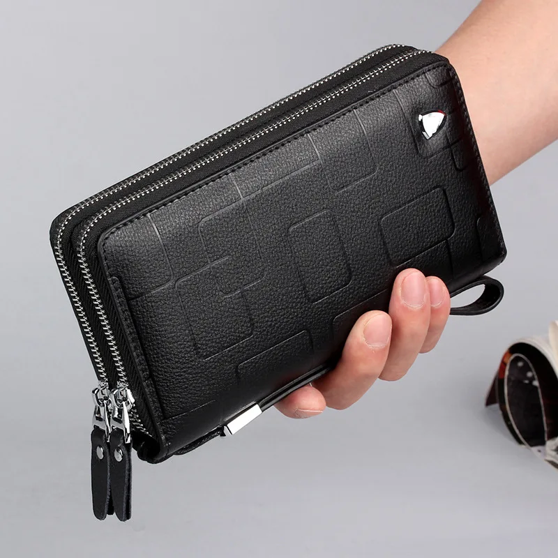 

-Border Hot Leather Wallet Man Long Zipper Handbag Cowhide Geometric Phone Bag Casual Wallet Men