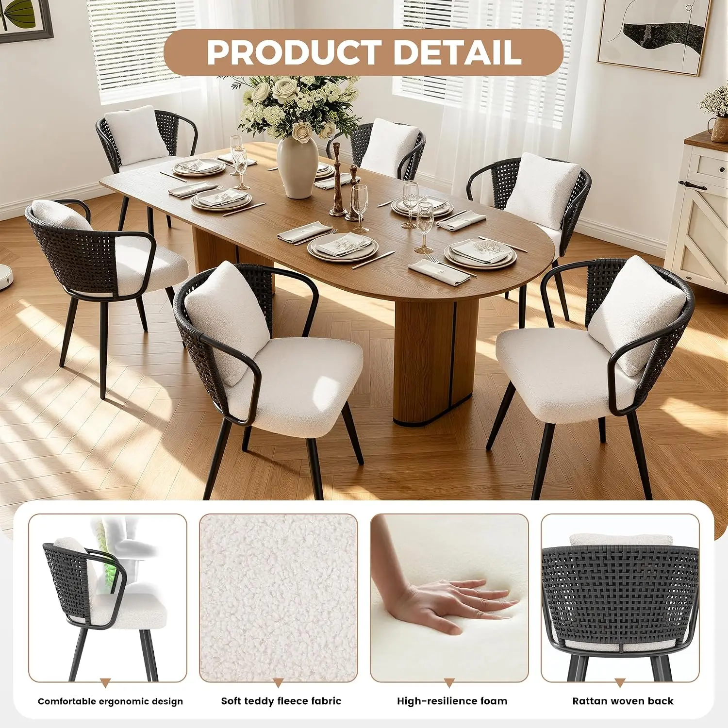 Rattan Dining Chairs Set of 4, Modern Upholstered Kitchen Chair with Metal Legs, Ergonomic Curved Backrest, Mid Century view 4