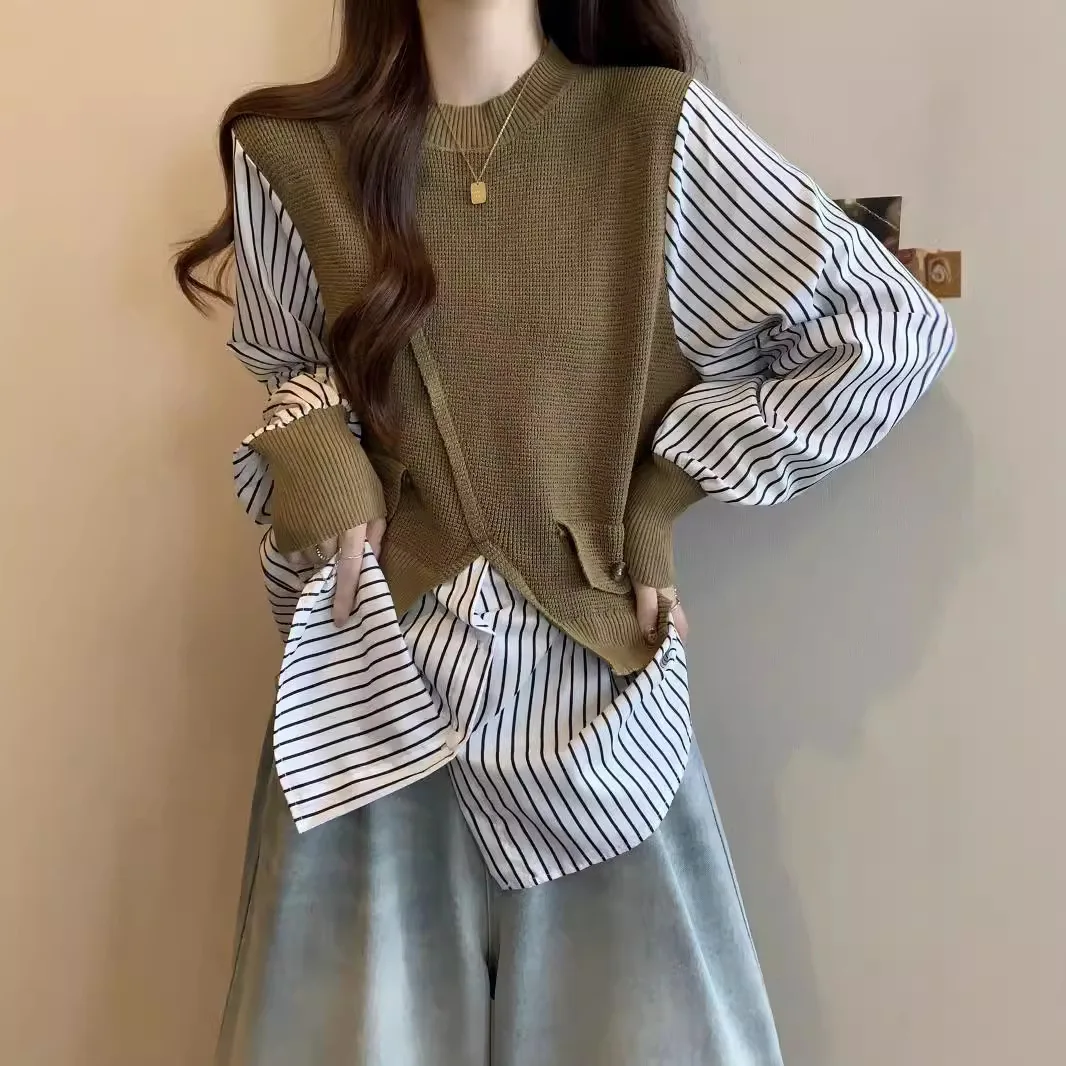 

Женская модная вязаная кофта Slim Fit с полосатыми вставками и круглым вырезом, длинный рукав, осенне-зимняя новинка в корейском стиле