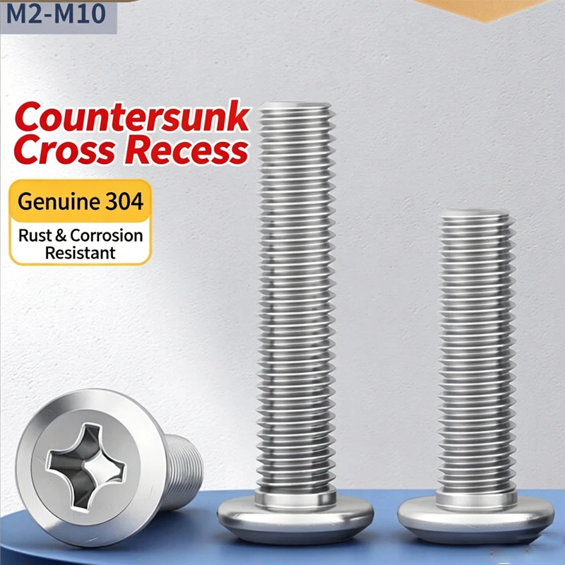 304 Stainless Steel Chamfered Bevel Countersunk Head Screws, Slotted Cross Fasteners M2 M3 Strong Acid Resistance 100-200Pcs