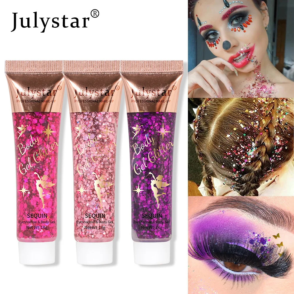 Julystar-Gel Glitter para Cabelo, Maquiagem Corporal, Gel Lantejoula, Decoração de Sombra, Gel Diamond Glitter, Lantejoulas Soltas para Coração, Cosméticos