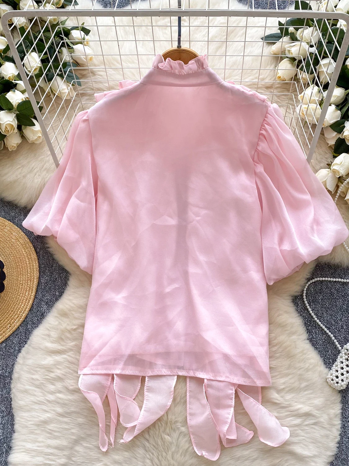 Bluzka damska z stójką, falbankami, bufiastymi rękawami, słodka, uniwersalna, zapinana na jeden guzik, elegancka, koreańska, luźny krój...