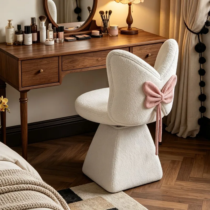Light luxury bow rotating makeup chair, solid wood frame high-density sponge bedroom home cute dressing chair