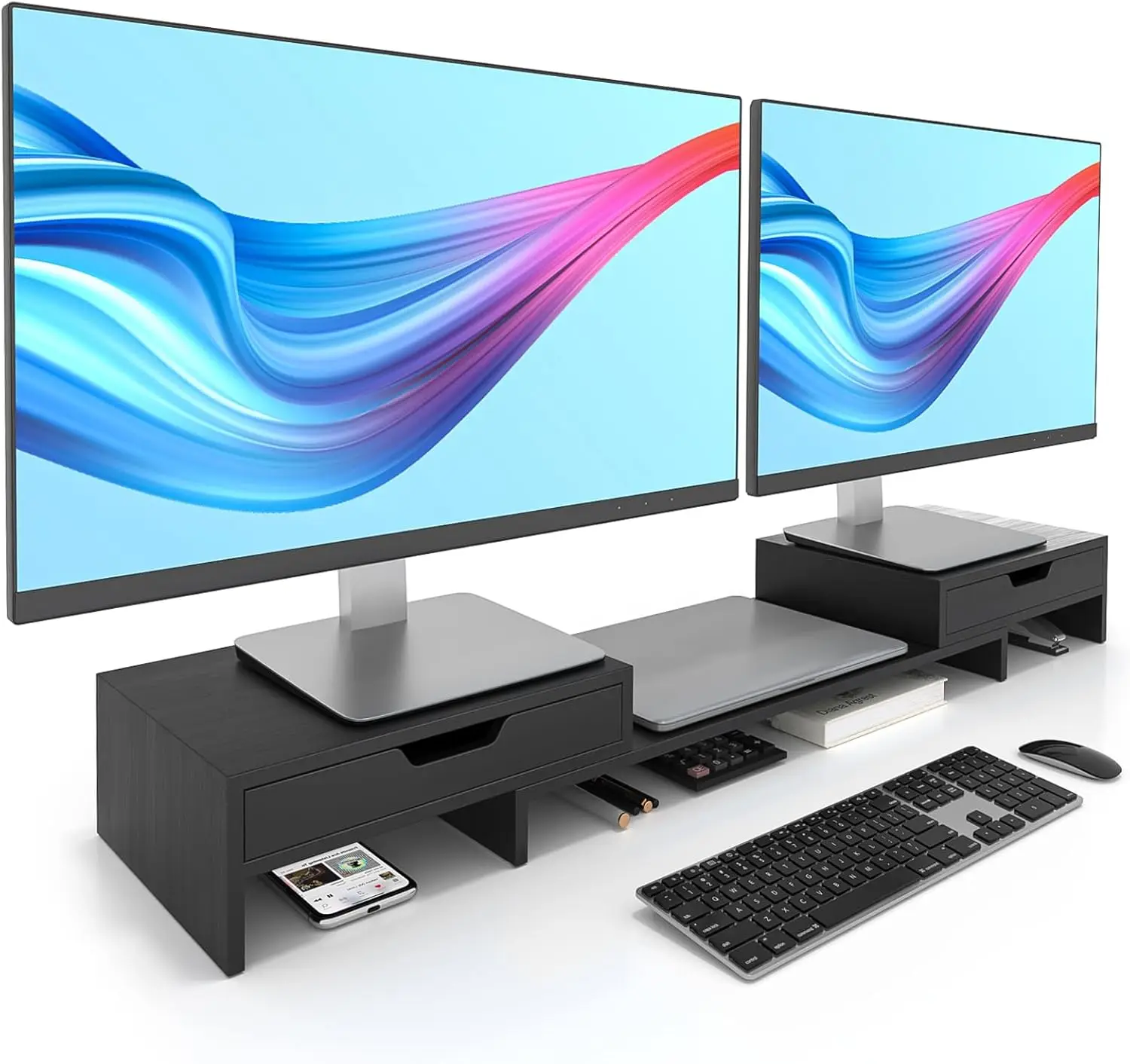 

Dual Monitor Riser with Two Drawers for Desk, Bamboo Monitor Stand Riser with Storage, Desk Shelf for Computer, IMac & Laptop