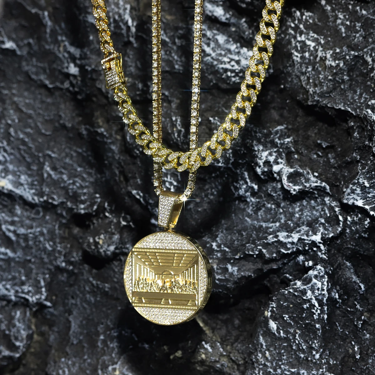 Hip Hop Punk Last Supper Medal Pendant Necklace Set Men Women Stylish Pendant+Cuban Chain+Tennis Chain 3-in-1 Set Jewelry Gift