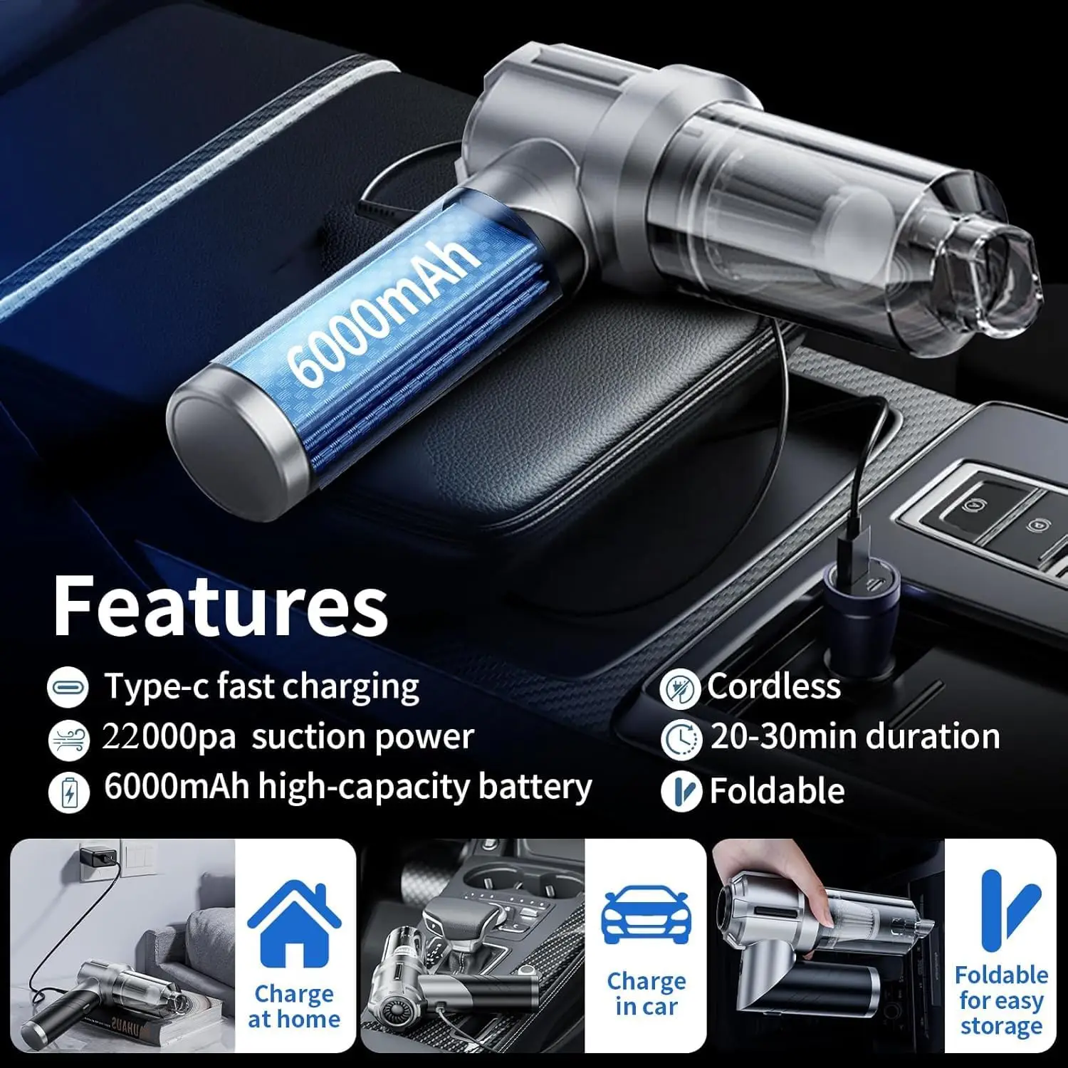 Foldable 4-in-1 Cordless Car Vacuum Cleaner, 22000Pa Handheld Portable with Compressed Air Duster Blower, 3-Speed for Car Home