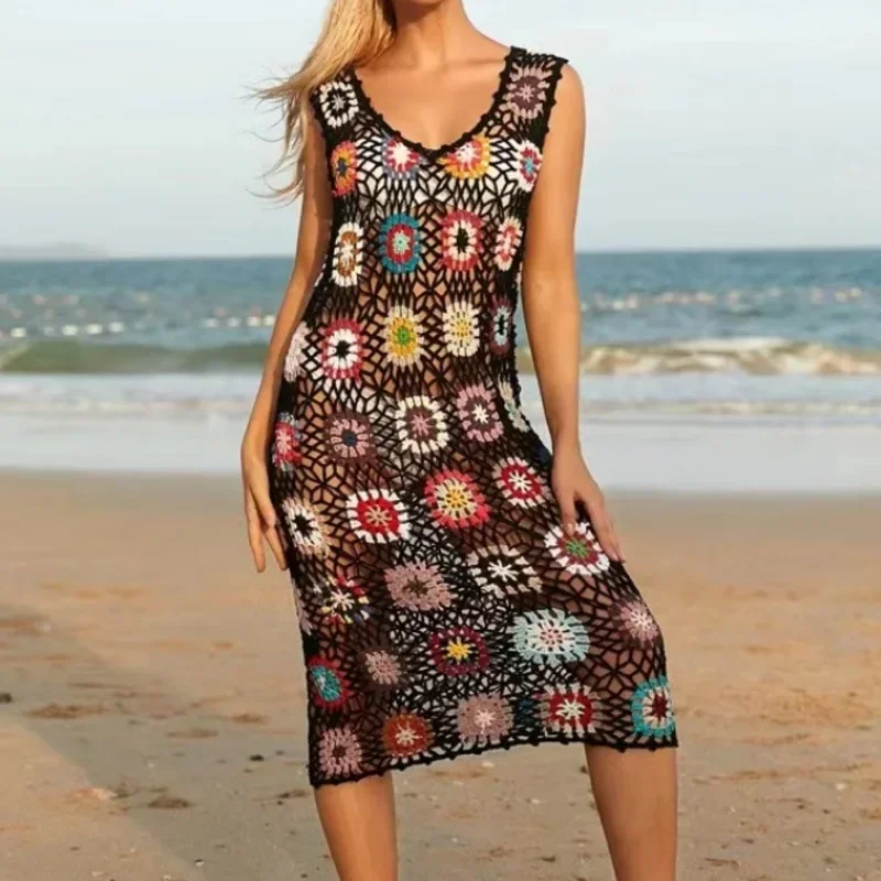 ITOOLIN Frauen Sexy Boho V-ausschnitt Kleid Blumen Druck Hohl Gestrickte A-linie Kleider Casual Strand Urlaub Frauen Party Vestido