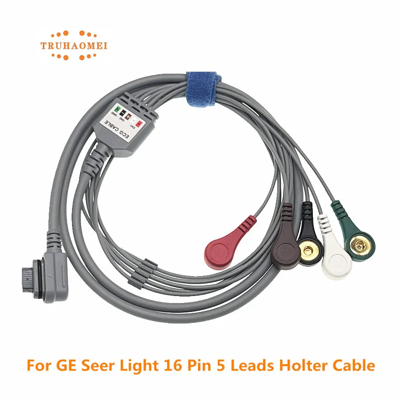 Holter Cable For GE Seer Light Holter Recorder 16 Pin 2008594-001 or 2008594-002 ECG 5 Leads 7 Leadwires Snap 2 or 3 Channels