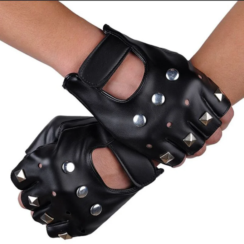 Black Studded PU Leather Fingerless Gloves Fashion Hip Hop Gym Punk Half Finger Gloves for Adult Halloween Cosplay Gloves