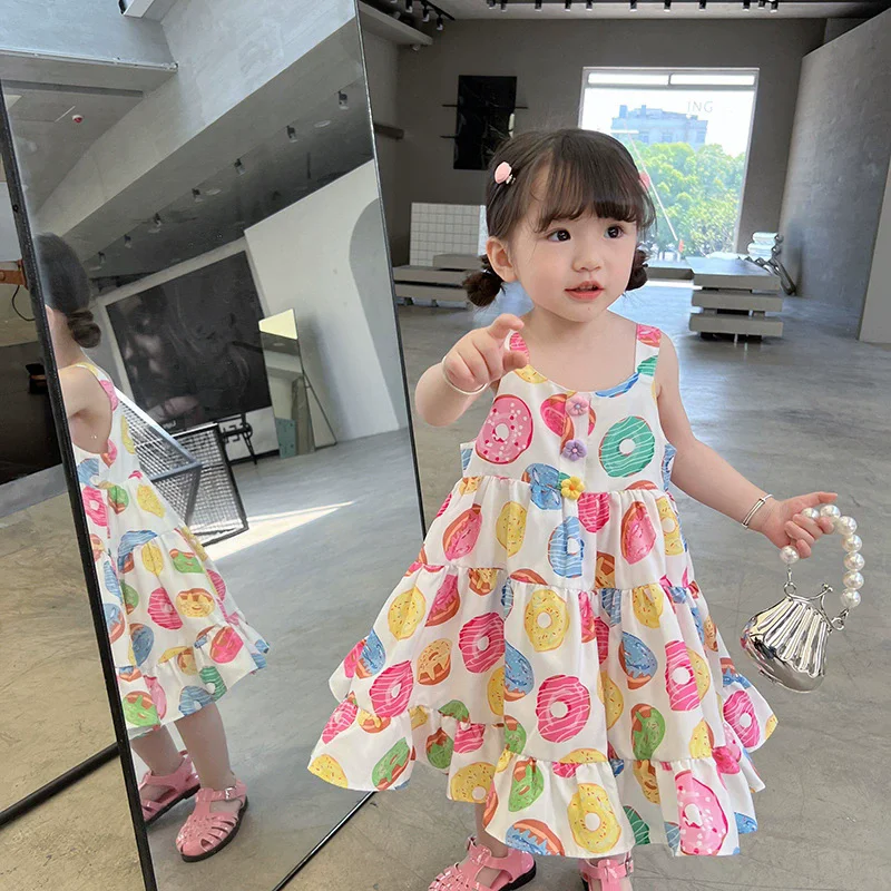 Summer Baby and Girls All-Over Print Donuts Long Suspender Dresses Kids Sweet Vacation Beach Skirt Children Outfit Tops 2-8Years