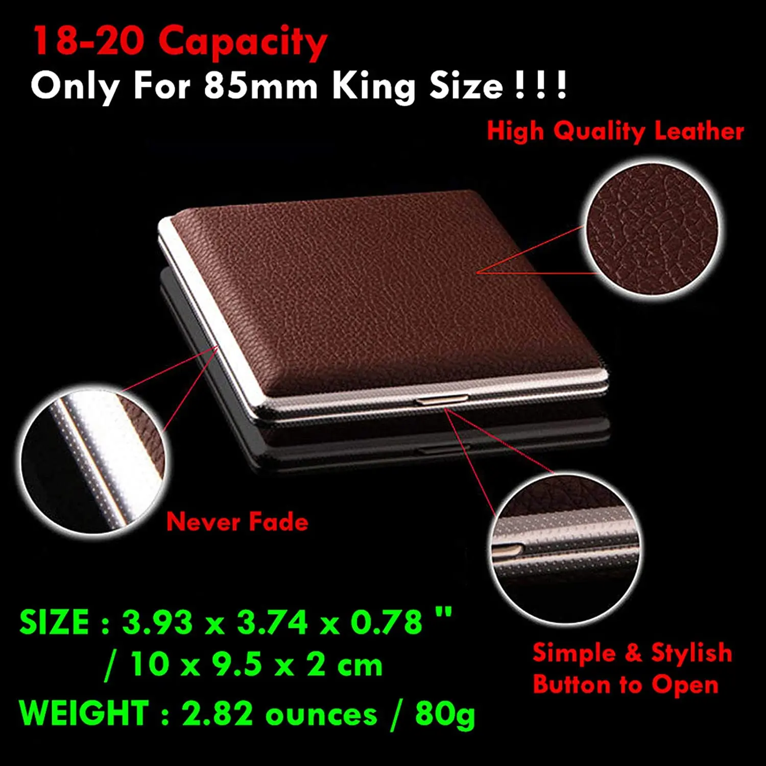 20 Sticks Gift for Men\'s Leather Cigarette Box Cigar Case Metal Leather Smoking Accessories Cigarette Lady Storage Cover Hold