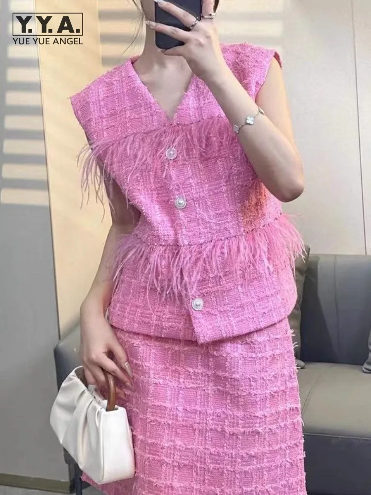 Office Ladies New Spring Summer Tweed Vest A-Line Skirt Two Piece Set Fashion Elegant Women Sleeveless Jacket High Waist Skirts