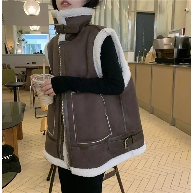 Autumn Winter New High-End Velvet Vest Coat Women Fashion Leopard- Fur One Mid-Length Coat Loose Warm Vest Jacket Female 956