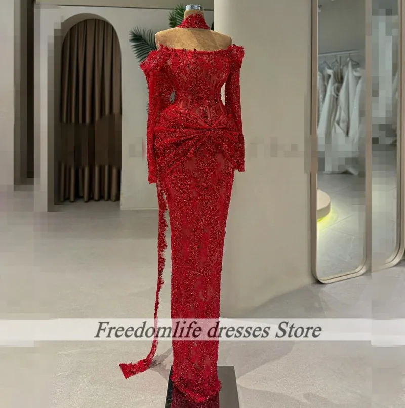 Rote Abendkleider mit langen Ärmeln, Spitze, Applikation, Hochzeitskleid 2026, Meerjungfrau-Abschlussball-Kleider, Frauen, Vestido De Festa, individuell