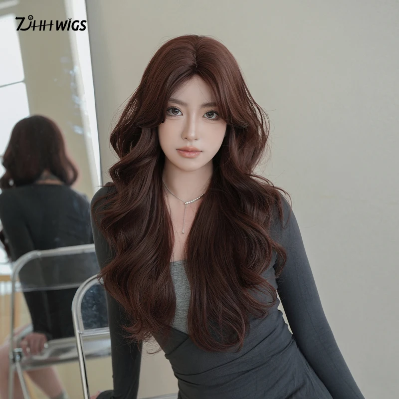 

Synthetic Wig Long Wave Curly Red Brown Wigs High Density Middle Part Wine Red Wig for Women Daily Party Use 25.98 Inches