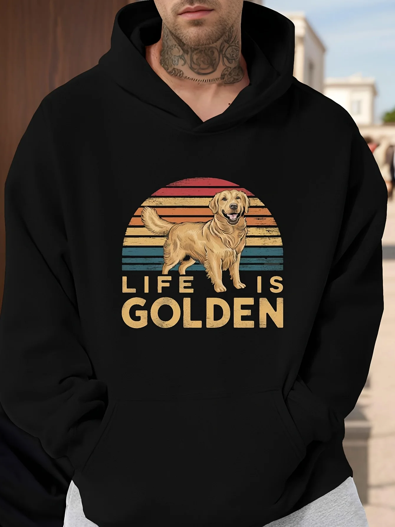 Sudadera con capucha Golden Retriever "Life Is Gold" para hombre, sudadera negra para amantes de los perros con estampado de Golden Retriever, con capucha, suéter informal holgado, adecuado para otoño e invierno, lavable a máquina, unisex, suave, transpirable, 1 pieza