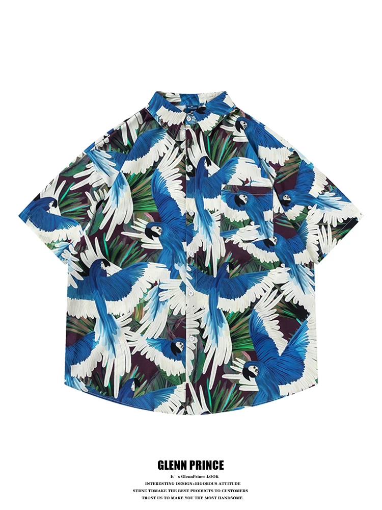 

Summer Thin ort Sve Men's irt GPstudio Hawaiian Parrot Print Casual Vaion Sle Polyester Fiber No Iron Treaent