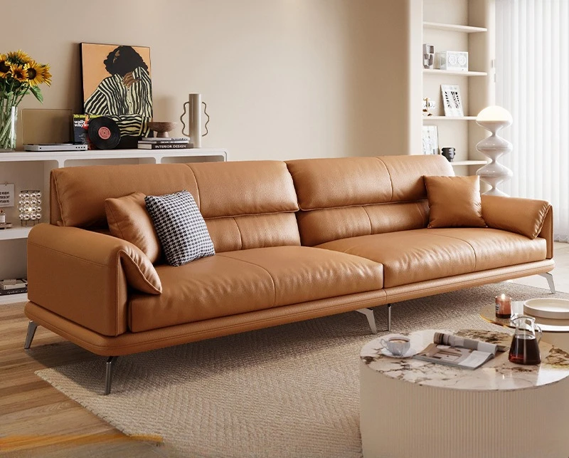PYJ minimalist top-grain leather sofa for the living room, orange high-leg vertical row, light luxury genuine leather sofa