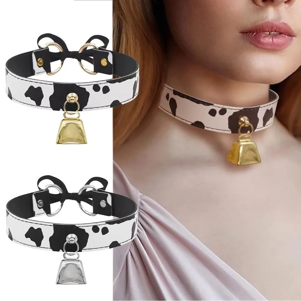 Gargantilla de cuero sexy Collar de mujer con cuello de campana ajustable con estampado de vaca