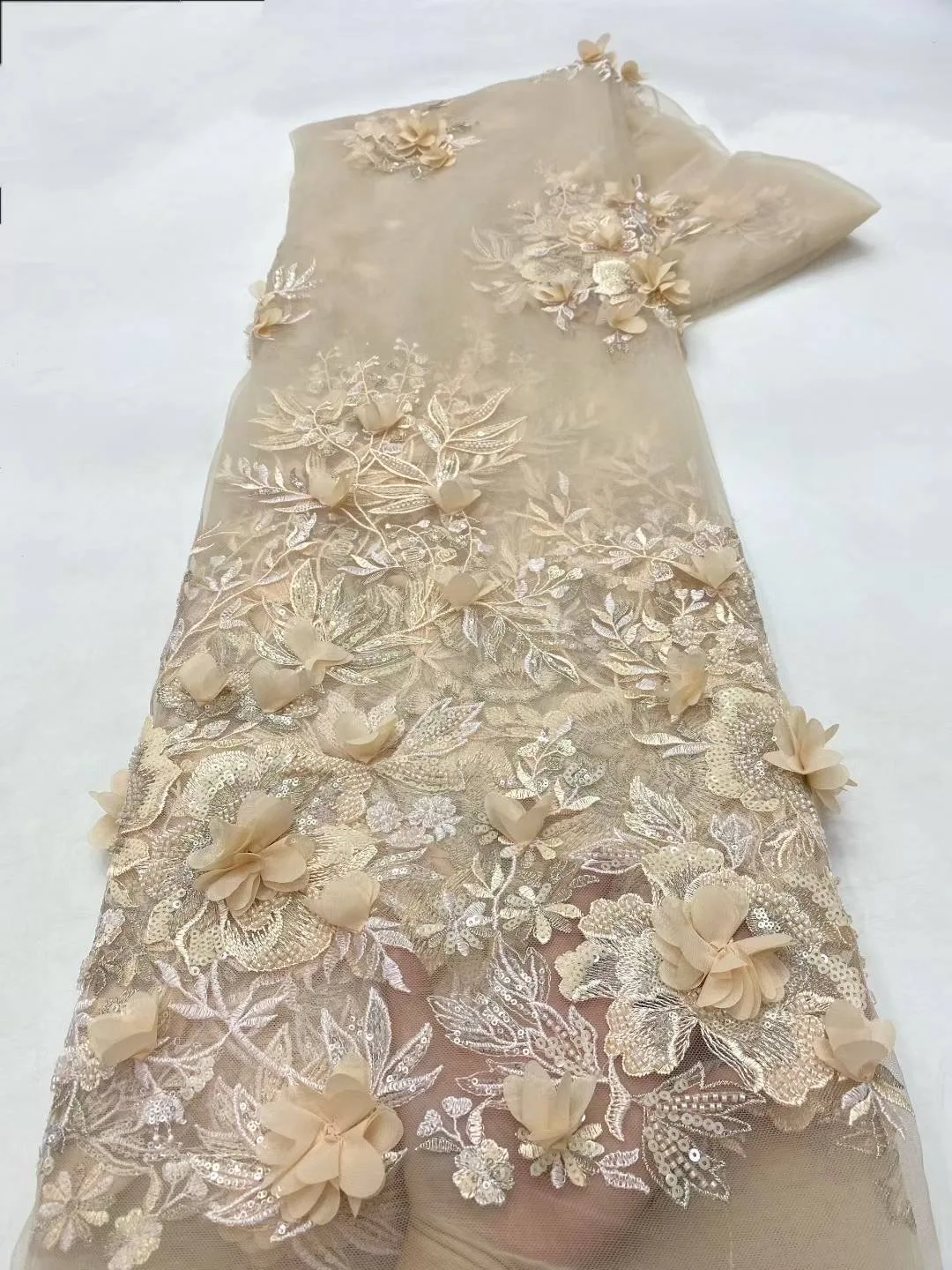 African Lace Fabric 2026 High Quality French 3D Flower Sequins Embroidery Beads Tulle Lace Fabric For Party Dress