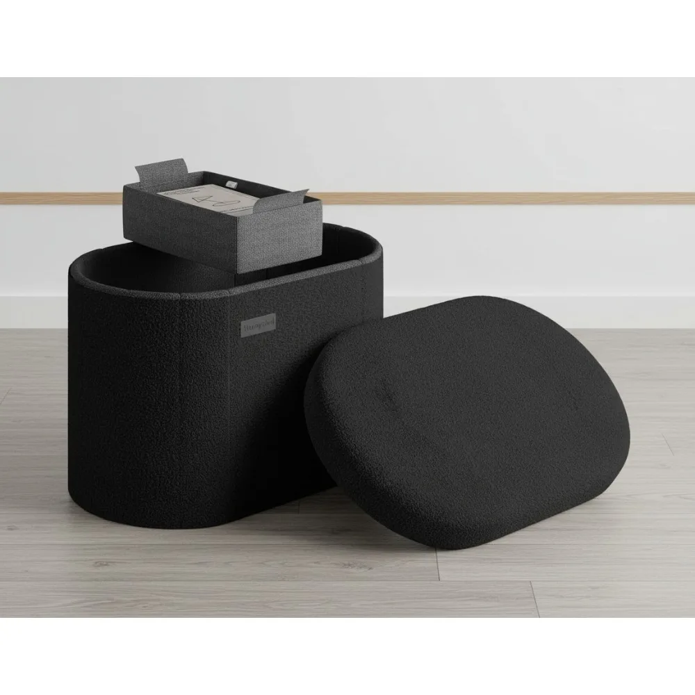 

Круглая пуфик для хранения вещей с тканью-букле, подставка для ног 18 дюймов для гостиной, максимальная емкость 330 фунтов, черный