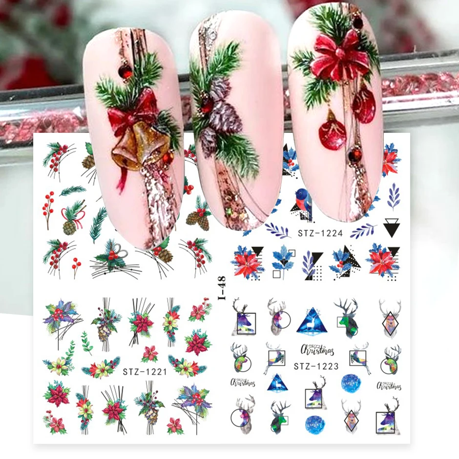 4 In 1 Winter Holly Geometry Water Nail Decals Snowflakes Santa Penguin Xmas Design DIY New Year Manicure Decoration Tips JII-48