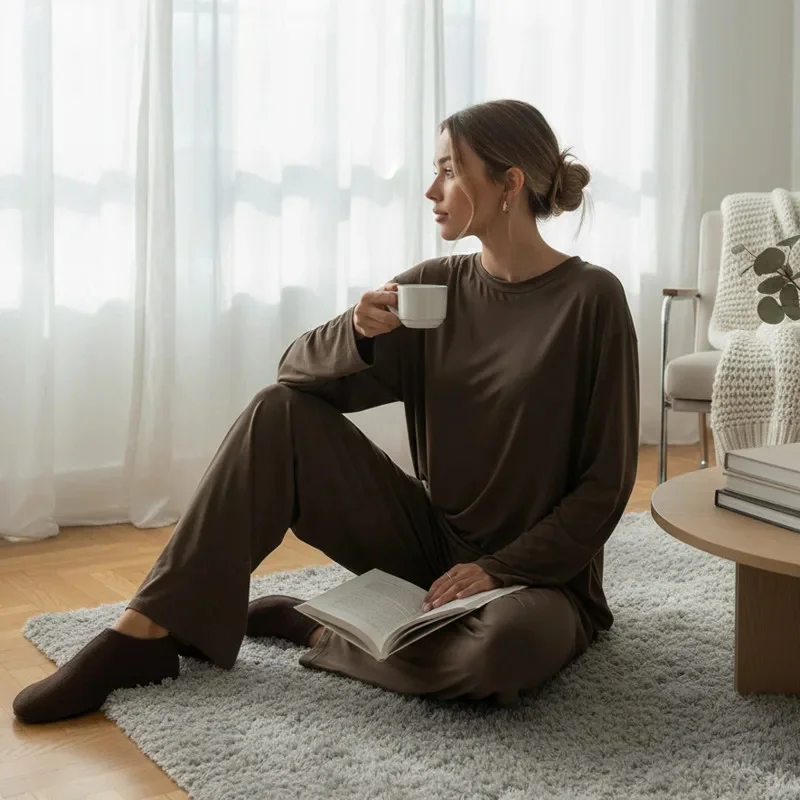 

Women's Spring Soft Rayon Knit Pajamas Set Long Sleeve Top Wide Leg Pants 2 Piece Outfit For Home Lounge Sleepwear Daily Wear