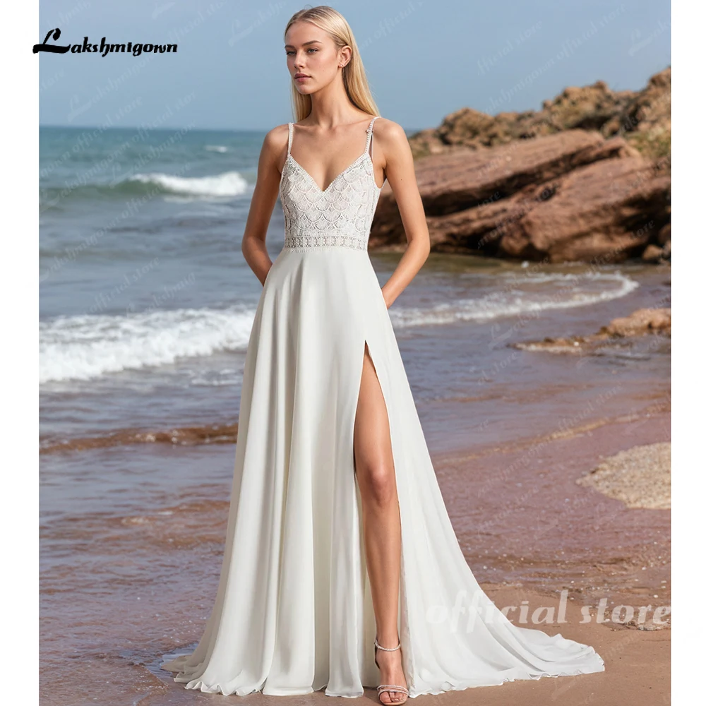 

Lakshmigown Bohemian Wedding Dress For Woman 2026 New Chiffon High Slit Appliques Vestidos De Novia Customized