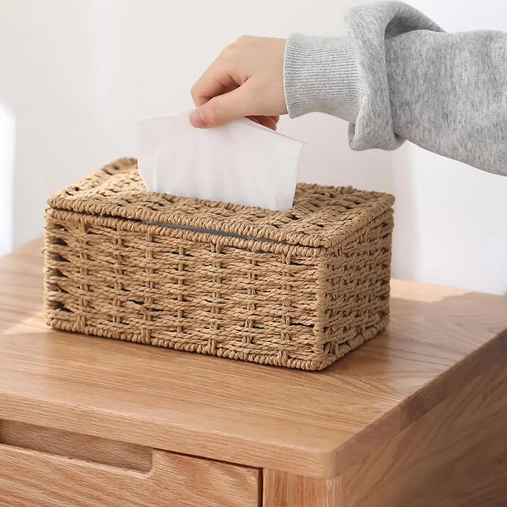 Wicker Tissue Box Holder, Rectangular Decorative Facial Tissue Container, Spacious Capacity Organizer For Bathroom Car Living Ro