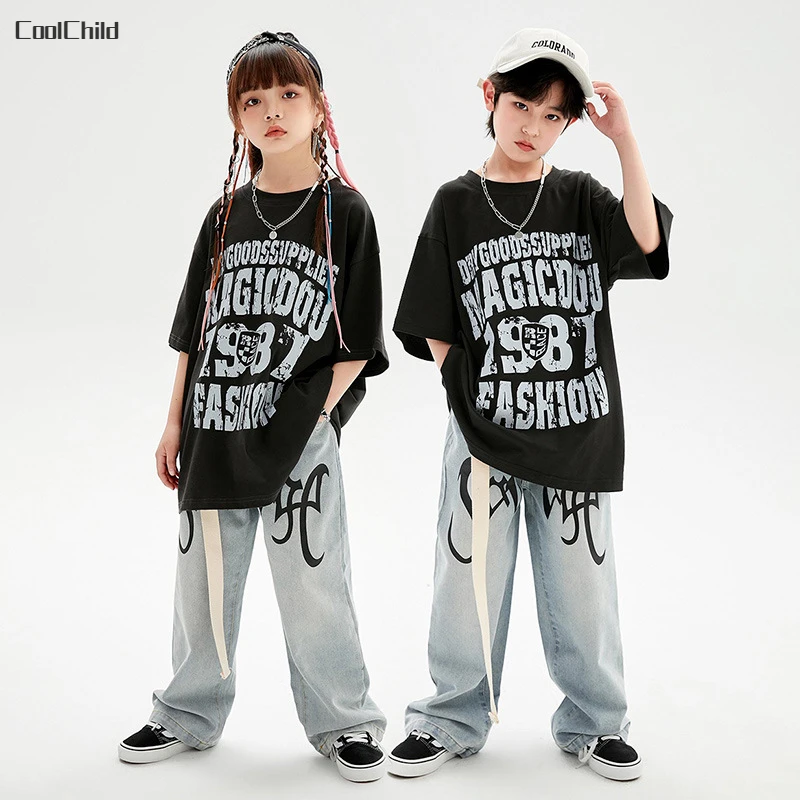 Girls Street Dance Print T-shirt Jeans Boys Hip Hop Clothes Set Kids Cool Jazz Denim Pants Outfits Teen Rap Costumes Streetwear