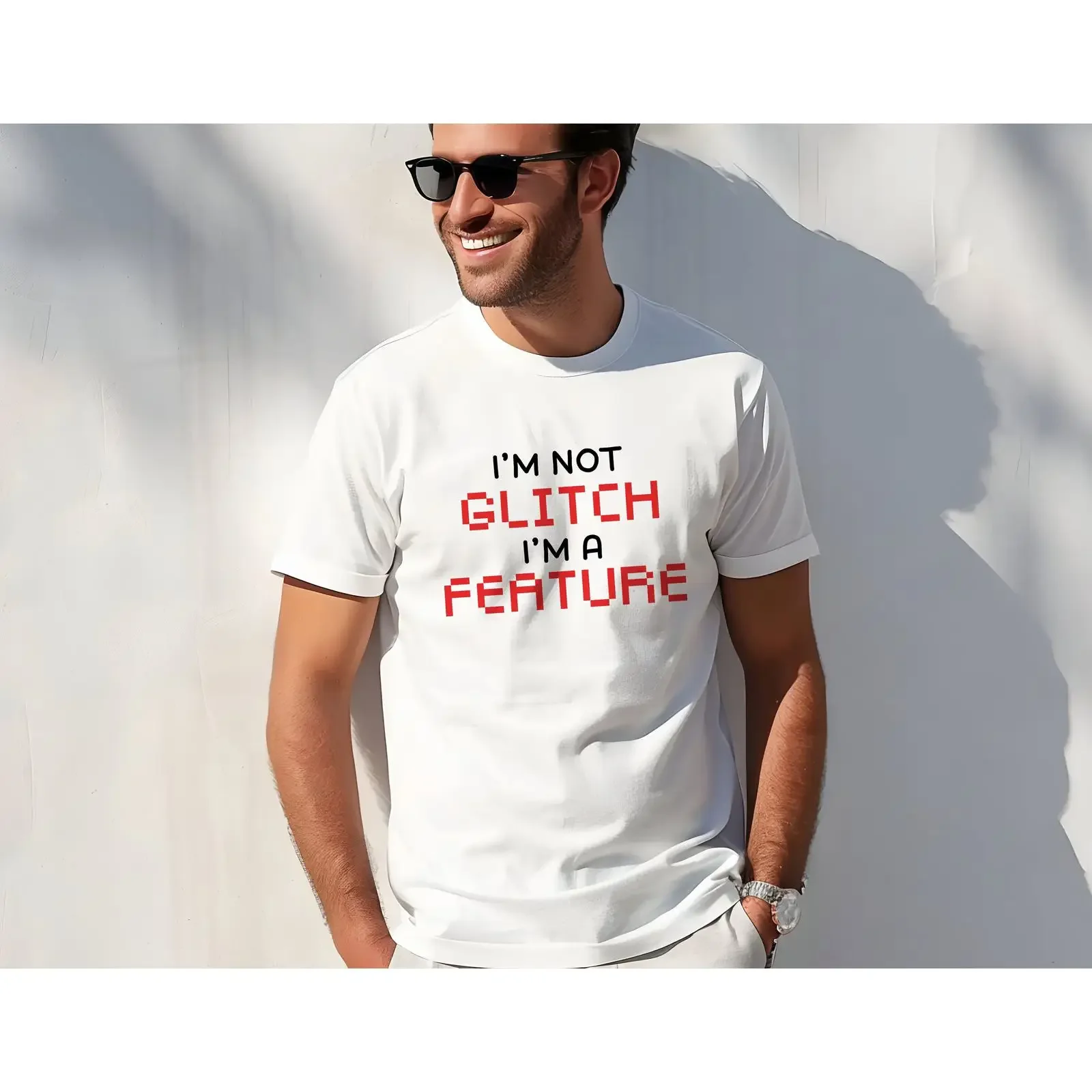 Men's Funny I'm Not Glitch A Feature Programmer T Shirt Casual Crew Neck for IT Coder Developer vintage Washed Soft