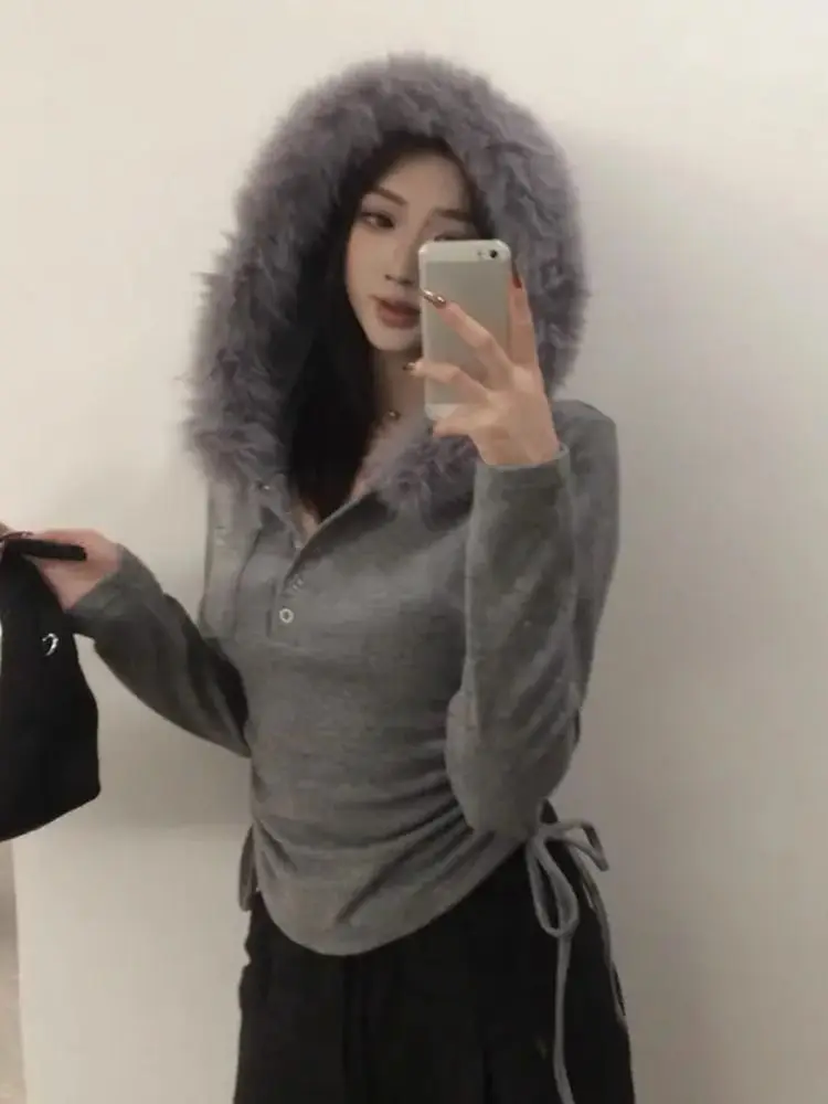 

Korean-Style German Fluff Collar Drawstring Wear Long-Sleeved Women'S Autumn Winter New Hooded Slim Base Shirt Top
