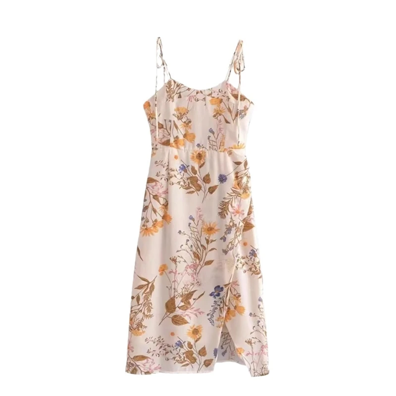 ใหม่ดอกไม้SuspenderแยกSlimแขนกุดPatry Beachสไตล์สปาเก็ตตี้ชุดเสื้อผ้าผู้หญิงภาษาฝรั่งเศสคําElegant Dress 2025