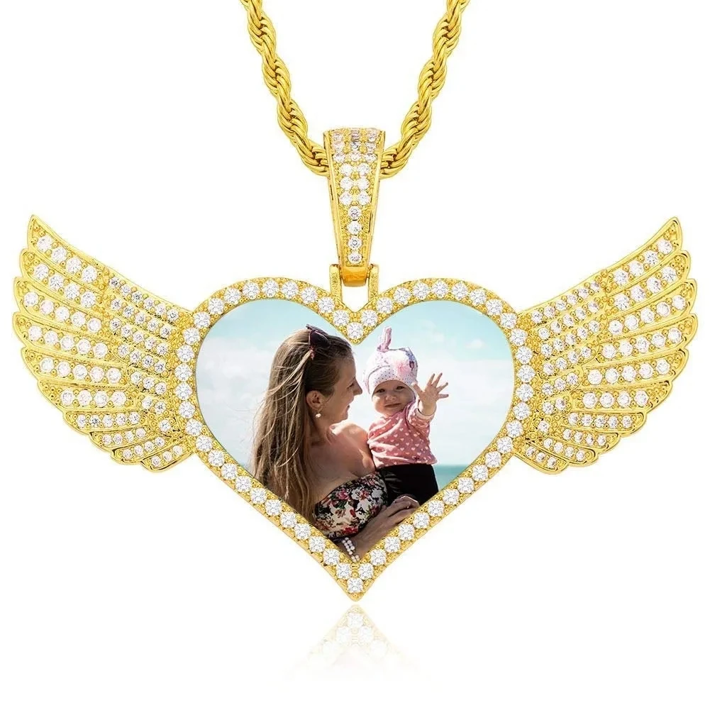 Angel Wings Love Heart Photo Necklace Custom Jewelry With Zirconia Name Engraved On The Back A Keepsake Gift For Your Family