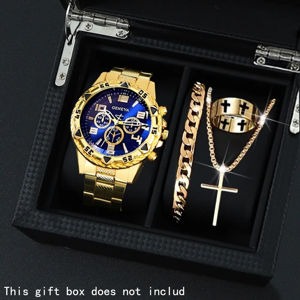 

4 шт./компл. модный мужской набор часов, кварцевые часы, идеально подходящие для повседневного ношения, модный аксессуар, ожерелье, браслет, кольцо, набор часов