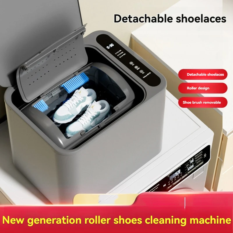 Dual-Use Portable Shoe Washer Gray Washing Machine- 20/30/40 Min Modes, Drum Design, Non-Removable Shoelace