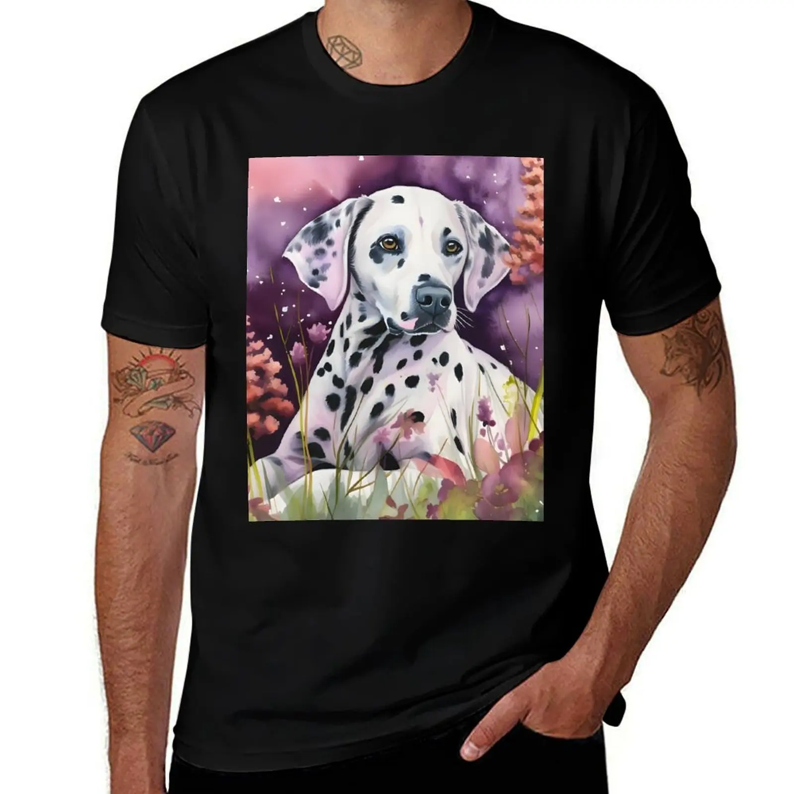 

Pastel and Watercolor Artwork of Dalmatian in Floral Setting T-Shirt oversized man t shirt football t shirt mens plain t shirts