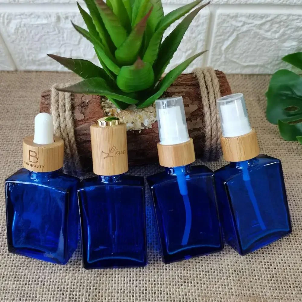 

Clear Blue Square Bottle Dropper Bottle black Essential Oil Bottle With wood Dropper Lid Bamboo glass spray bottleCosmeticBottle