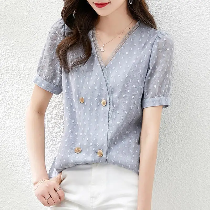 

Korean Fashion Summer New Women's V-Neck Solid Color Lace Patchwork Double Breasted Temperament Loose Short Sleeve Shirts Tops